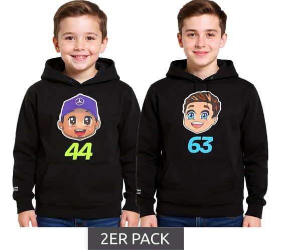 2er Sparpack Mercedes-Benz AMG Petronas F1 Kinder Hoodie Mädchen und Jungen Kapuzen-Sweatshirt Formel 1 70122713 George Russel oder Lewis Hamilton Schwarz