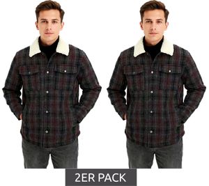 2er Sparpack Herren Hemd-Jacke Kunstfelljacke im Karo-Muster modisches Langarm-Hemd 957592 Schwarz/Grau/Rot