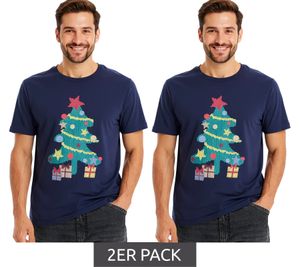 2er Sparpack Herren T-Shirt mit weihnachtlichem Motiv Baumwoll-Shirt Sommer-Shirt Kurzarm-Shirt 951021 Dunkelblau