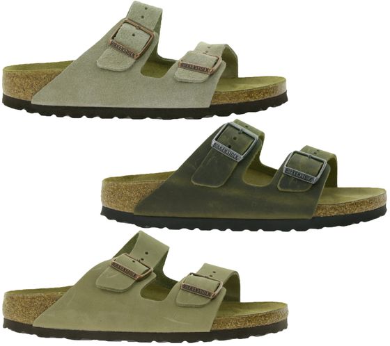 Chaussons BIRKENSTOCK Arizona en cuir véritable pour femme et homme, fabriqués en Allemagne, largeur étroite 51463, 352203 ou 1027039, en gris taupe, kaki ou marron.
