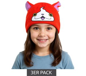 3er Sparpack Yo-kai Watch Jibanyan Beanie Strick-Mütze Kinder Kopfbedeckung mit Ohren KC472464YKW Orange/Pink