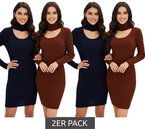 2er Sparpack Damen Strick-Kleid Mini-Kleid mit Rollkragen und Ausschnittdetails Langarm-Kleid in Mahagoni-Braun oder Dunkel-Blau