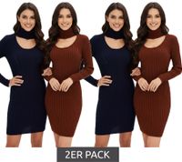 Pack de 2 minivestidos de punto para mujer con cuello alto y aberturas, de manga larga, en marrón caoba o azul oscuro.