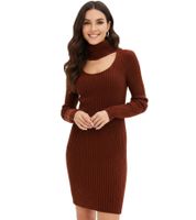 Pack de 2 minivestidos de punto para mujer con cuello alto y aberturas, de manga larga, en marrón caoba o azul oscuro.