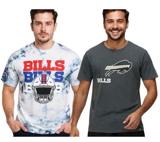 T-shirt RE:COVERED X NFL pour homme, col rond en coton, imprimé logo Buffalo Bills, gris ou bleu/blanc tie-dye