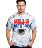Camiseta RE:COVERED X NFL para hombre, cuello redondo de algodón con estampado de letras del logo de los Buffalo Bills en gris o azul/blanco tie-dye