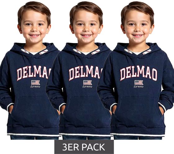 Pack de 3 sudaderas DELMAO de algodón para niños con logo grande frontal y manga larga, color azul
