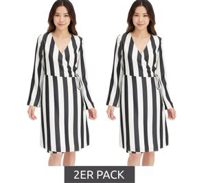 2er Sparpack schönes Streifenkleid für Damen Wickel-Kleid mit V-Ausschnitt Mini-Kleid 978829 Schwarz/Weiß