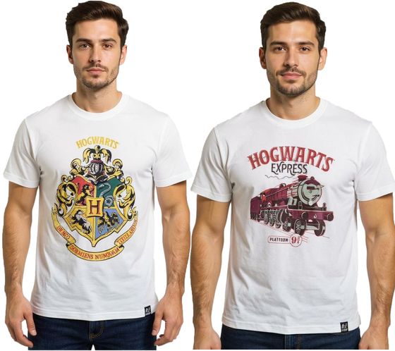 T-shirt da uomo RE:COVERED X Harry Potter, maglietta in cotone bianca con scritta "Hogwarts House" o "Hogwarts Express"