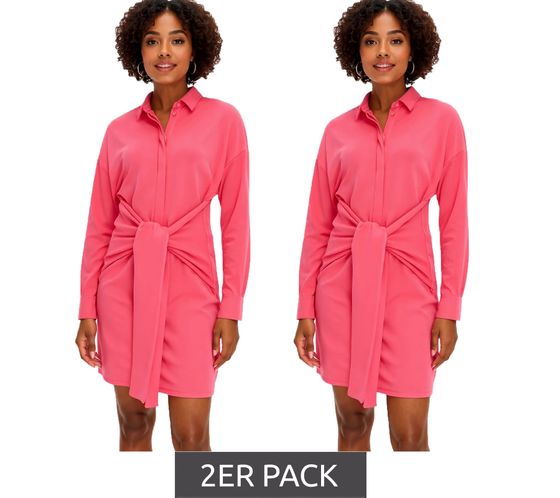 2er Sparpack stylisches Damen Mini-Kleid Sommer-Kleid mit Hemdkragen und Fledermausärmeln 934479 Pink