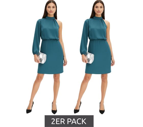 2er Sparpack Stilvolles Damen One-Shoulder-Kleid Frühlings-Kleid aus glänzendem Satin Midi-Kleid 925469 Grün