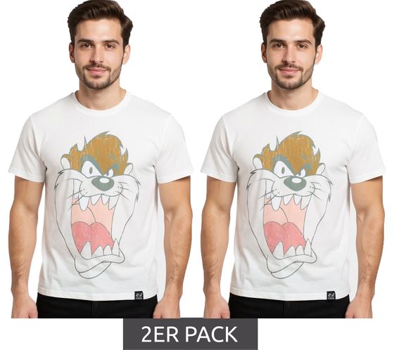 2er Sparpack RE:COVERED X LOONEY TUNES Herren T-Shirt Tasmanischer Teufel Baumwoll-Shirt Rundhals-Shirt RCWARN551 Ecru-Weiß