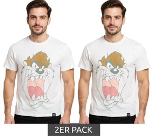 2er Sparpack RE:COVERED X LOONEY TUNES Herren T-Shirt Tasmanischer Teufel Baumwoll-Shirt Rundhals-Shirt RCWARN551 Ecru-Weiß