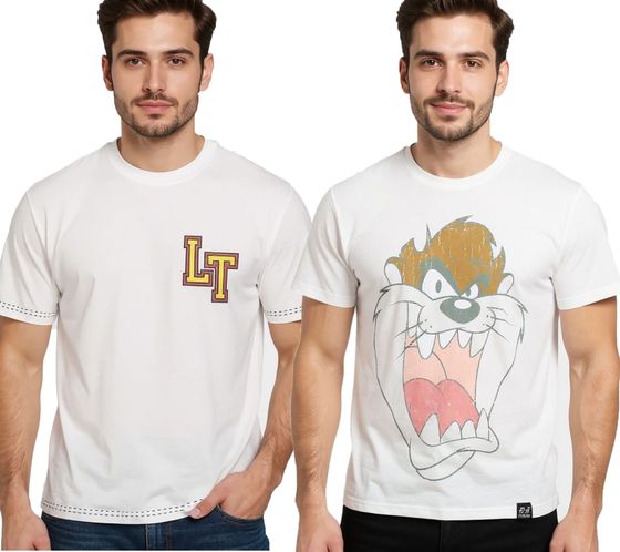 RE:COVERED X LOONEY TUNES Herren T-Shirt mit Tasmanischer Teufel oder Basketball Print Baumwoll-Shirt Rundhals-Shirt Ecru-Weiß