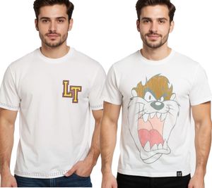 T-shirt homme RE:COVERED X LOONEY TUNES, imprimé Diable de Tasmanie ou Basket-ball, col rond en coton, écru-blanc
