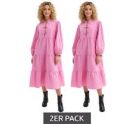 2er Sparpack weites Damen Midi-Kleid mit Schleifen aus reiner Baumwolle Langarm-Kleid 977645 Rosa
