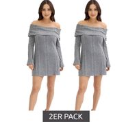 2er Sparpack Damen Strick-Kleid mit Bardot-Ausschnitt Mini-Kleid Schulterfrei 912333 Grau