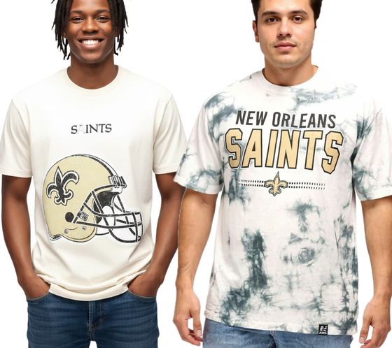 Camiseta RE:COVERED X NFL para hombre, de algodón, con el logo de los New Orleans Saints y cuello redondo, gris o beige
