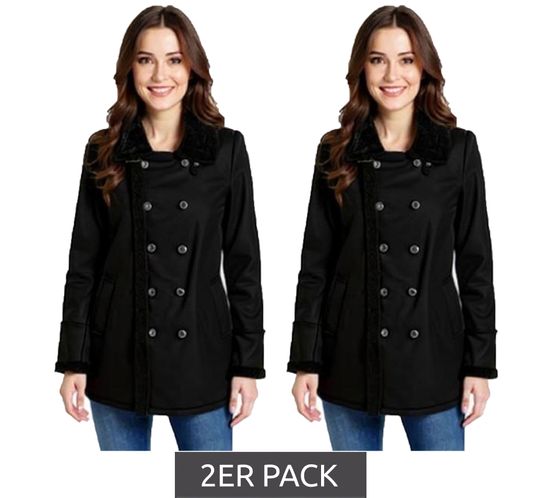 2er Sparpack Damen Mantel mit Teddyfell Kragen Kunstlammfell-Jacke Herbst-Parka 939077 Schwarz