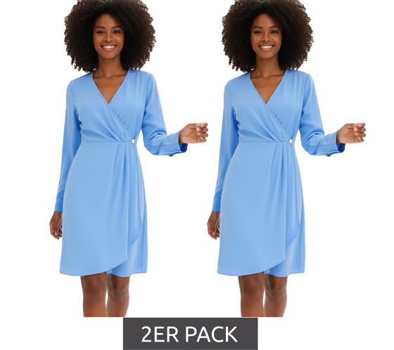 2er Sparpack Damen Wickel-Kleid Frühlings-Kleid mit Hemd-Kragen Midi-Kleid 967439 Blau