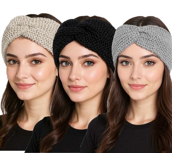 ZWILLINGSHERZ Strick-Stirnband Stirnband mit Wolle Kopfbedeckung Grobstrick Winter-Stirnband Accessoire 8007 Hellgrau, Hell-Beige oder Schwarz