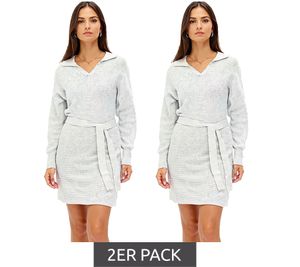 2er Sparpack Damen Strick-Kleid Mini-Kleid mit Polo-Kragen Langarm-Kleid Baumwoll-Kleid 917467 Grau 2er Sparpack Damen Strick-Kleid Mini-Kleid mit Polo-Kragen Langarm-Kleid Baumwoll-Kleid 917467 Grau