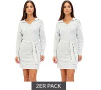 2er Sparpack Damen Strick-Kleid Mini-Kleid mit Polo-Kragen Langarm-Kleid Baumwoll-Kleid 917467 Grau