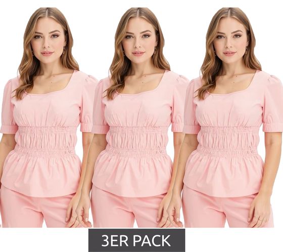 3er Sparpack Damen Bluse mit Puffärmeln Baumwoll-Bluse Sommer-Top Kurzarm-Shirt 963325 Rosa 3er Sparpack Damen Bluse mit Puffärmeln Baumwoll-Bluse Sommer-Top Kurzarm-Shirt 963325 Rosa