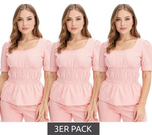 3er Sparpack Damen Bluse mit Puffärmeln Baumwoll-Bluse Sommer-Top Kurzarm-Shirt 963325 Rosa 3er Sparpack Damen Bluse mit Puffärmeln Baumwoll-Bluse Sommer-Top Kurzarm-Shirt 963325 Rosa