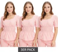3er Sparpack Damen Bluse mit Puffärmeln Baumwoll-Bluse Sommer-Top Kurzarm-Shirt 963325 Rosa 3er Sparpack Damen Bluse mit Puffärmeln Baumwoll-Bluse Sommer-Top Kurzarm-Shirt 963325 Rosa