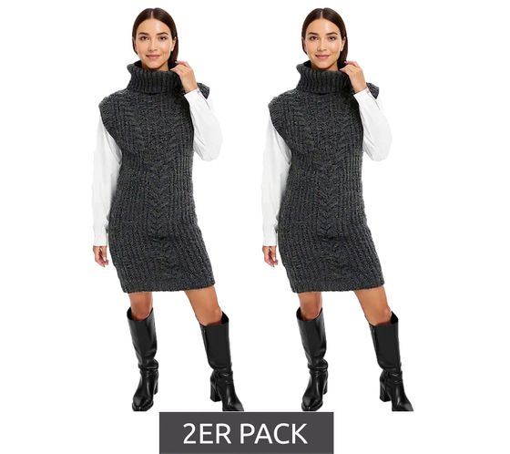 2er Sparpack Damen Strick-Kleid mit Rollkragen Pullover-Kleid im Zopfmuster 964128 Grau