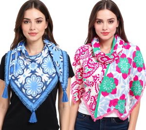 ZWILLINGSHERZ Be Happy Scarf with Flowers and Ornaments Triangular or Square Scarf Fashion Scarf Blue/White or Pink/Blue/Green ZWILLINGSHERZ Be Happy Scarf with Flowers and Ornaments Triangular or Square Scarf Fashion Scarf Blue/White or Pink/Blue/Green