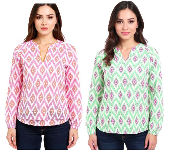 ZWILLINGSHERZ Women's Summer Blouse with Eye-Catching Pattern, Cotton Long-Sleeve Shirt 33227 White/Orange/Pink or White/Green/Pink ZWILLINGSHERZ Women's Summer Blouse with Eye-Catching Pattern, Cotton Long-Sleeve Shirt 33227 White/Orange/Pink or White/Green/Pink