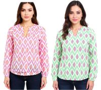 ZWILLINGSHERZ Women's Summer Blouse with Eye-Catching Pattern, Cotton Long-Sleeve Shirt 33227 White/Orange/Pink or White/Green/Pink ZWILLINGSHERZ Women's Summer Blouse with Eye-Catching Pattern, Cotton Long-Sleeve Shirt 33227 White/Orange/Pink or White/Green/Pink