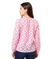 ZWILLINGSHERZ Women's Summer Blouse with Eye-Catching Pattern, Cotton Long-Sleeve Shirt 33227 White/Orange/Pink or White/Green/Pink ZWILLINGSHERZ Women's Summer Blouse with Eye-Catching Pattern, Cotton Long-Sleeve Shirt 33227 White/Orange/Pink or White/Green/Pink