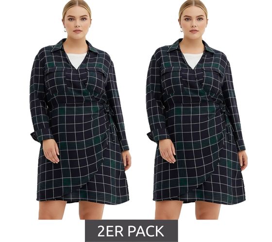 2er Sparpack weich fließendes Damen Mini-Kleid kariertes Wickel-Kleid mit Hemdkragen 914043 Blau