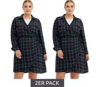 2er Sparpack weich fließendes Damen Mini-Kleid kariertes Wickel-Kleid mit Hemdkragen 914043 Blau
