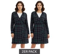 2er Sparpack weich fließendes Damen Mini-Kleid kariertes Wickel-Kleid mit Hemdkragen 914043 Blau