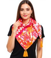 ZWILLINGSHERZ Hawaiian Flower Square Scarf with Flowers and Ornaments Fashion Scarf 3016Q-2907 in Orange, Blue, or Pink Multicolor