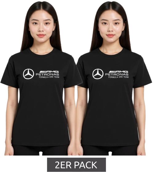 2-Pack Mercedes-Benz AMG Petronas F1 MAPF Women's T-Shirt, Cotton Shirt with Large Logo, Short-Sleeve Shirt, Value Pack 701227045 001 Black