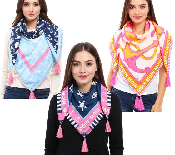 ZWILLINGSHERZ Vierecks-Tuch mit Ankern und Moin Moin Schriftzug Mode-Tuch 3016Q Pink/Orange, Pink/Blau oder Blau/Pink