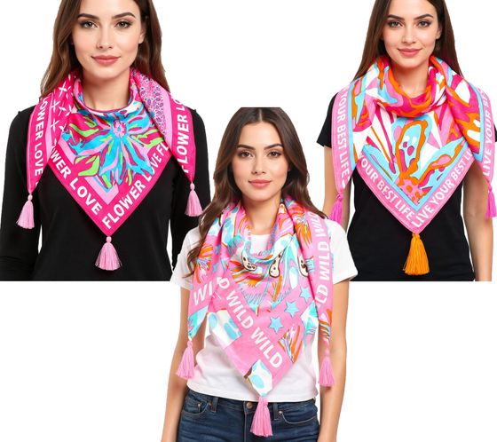 ZWILLINGSHERZ Vierecks-Tuch mit Blumen und Statement-Schriftzug Mode-Tuch 3016Q-2907 Pink/Braun, Pink/Türkis oder Pink/Orange