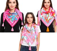 ZWILLINGSHERZ Vierecks-Tuch mit Blumen und Statement-Schriftzug Mode-Tuch 3016Q-2907 Pink/Braun, Pink/Türkis oder Pink/Orange