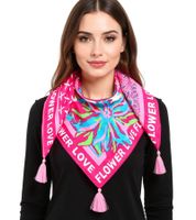 ZWILLINGSHERZ Vierecks-Tuch mit Blumen und Statement-Schriftzug Mode-Tuch 3016Q-2907 Pink/Braun, Pink/Türkis oder Pink/Orange