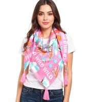 ZWILLINGSHERZ Vierecks-Tuch mit Blumen und Statement-Schriftzug Mode-Tuch 3016Q-2907 Pink/Braun, Pink/Türkis oder Pink/Orange