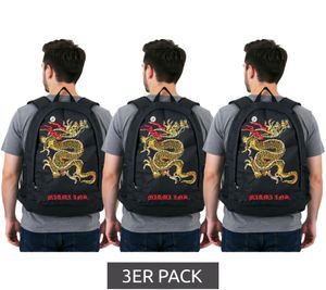 3er Pack Miami Ink Orientalischer Drachentattoo-Rucksack Tages-Rucksack Sparpack Schwarz