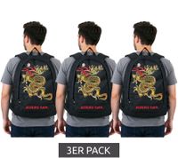 3er Pack Miami Ink Orientalischer Drachentattoo-Rucksack Tages-Rucksack Sparpack Schwarz