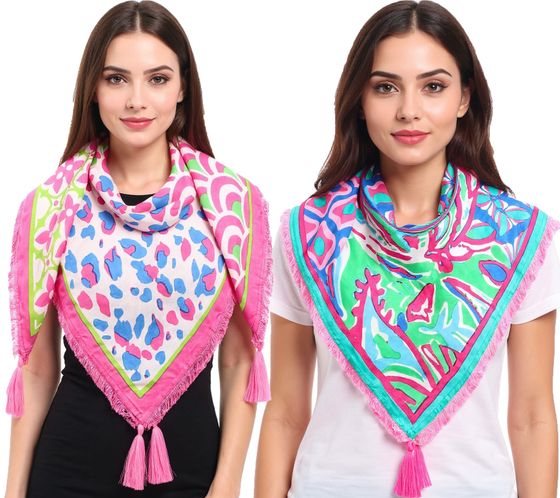 ZWILLINGSHERZ Vierecks-Tuch mit Animal-Print, Blumen und Ornamenten Mode-Tuch 3016Q-0609 Pink/Blau/Grün oder Blau/Pink/Bunt