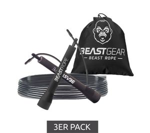 3er Sparpack BEASTGEAR Springseil 2,8m Speed-Fitness-Springseil aus Stahl leicht und verstellbar Trainingsgerät Boxen MMA HIIT-Workout Schwarz