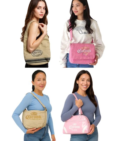 Bolso bandolera Corona para mujer con logo bordado - Artículo de colección - Varios modelos: bolso de lona, ​​bolso shopper pequeño o bolso bowling en rosa o beige/marrón